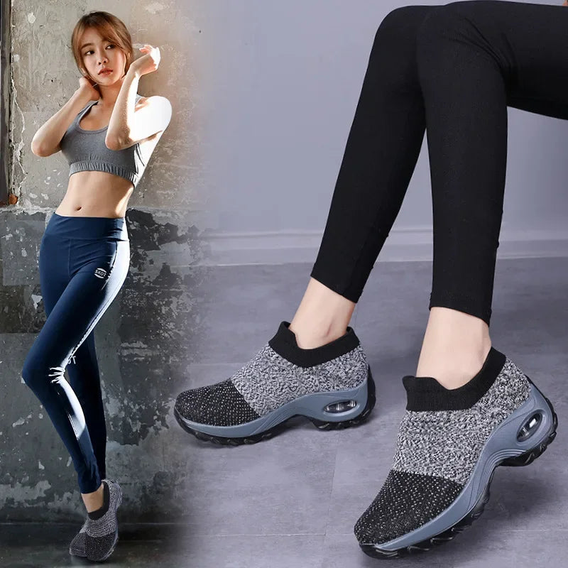Women's Orthopedic Air Cushion Sneakers - Breathable Mesh Slip-On Platform Walking Shoes - Lightweight Non-Slip Tennis Shoes