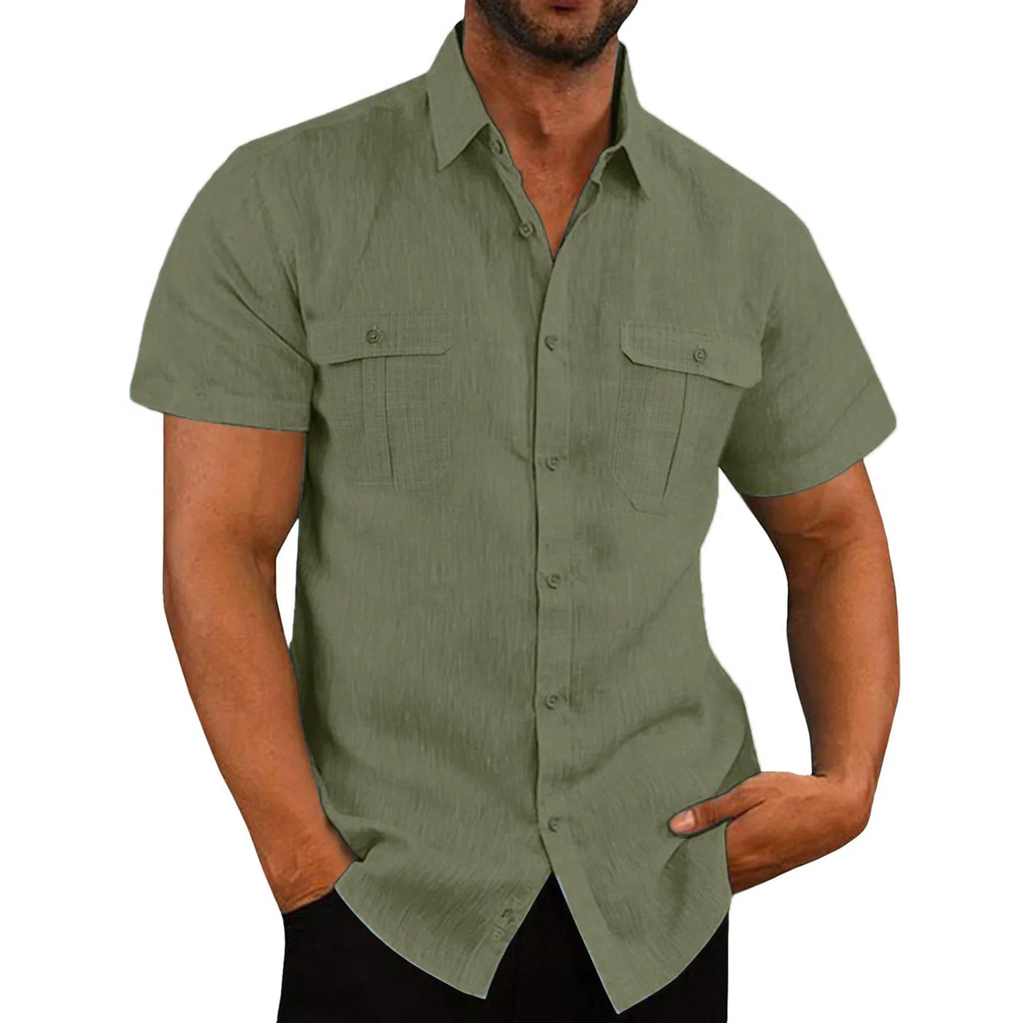 DFKDZG Men's Linen Blend Short-Sleeve Casual Button-Down Shirt | Breathable Summer Beach Style, Plus Size M–4XL