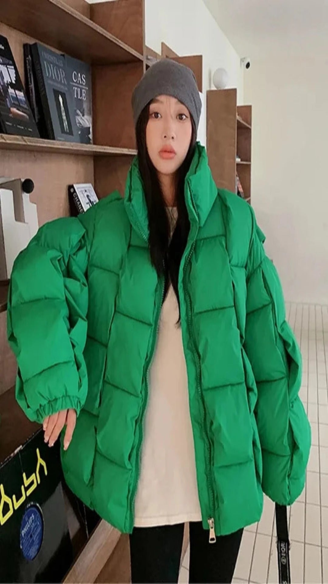 Women's Oversized Puffer Jacket - Warm Cotton Filled Winter Coat with Stand Collar