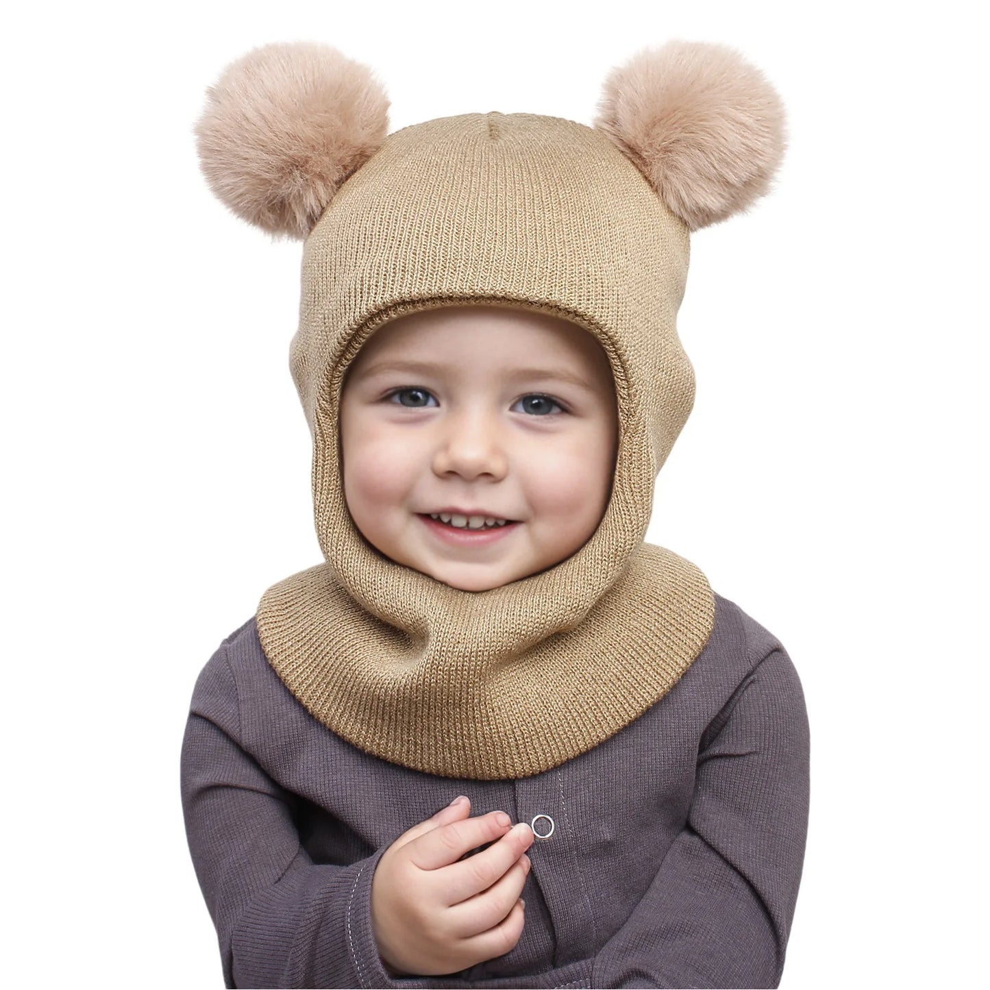 Unisex Adorable Kids Pom Pom Winter Hood - Knitted Hat & Scarf Combo | Cotton Ear-Protecting Balaclava