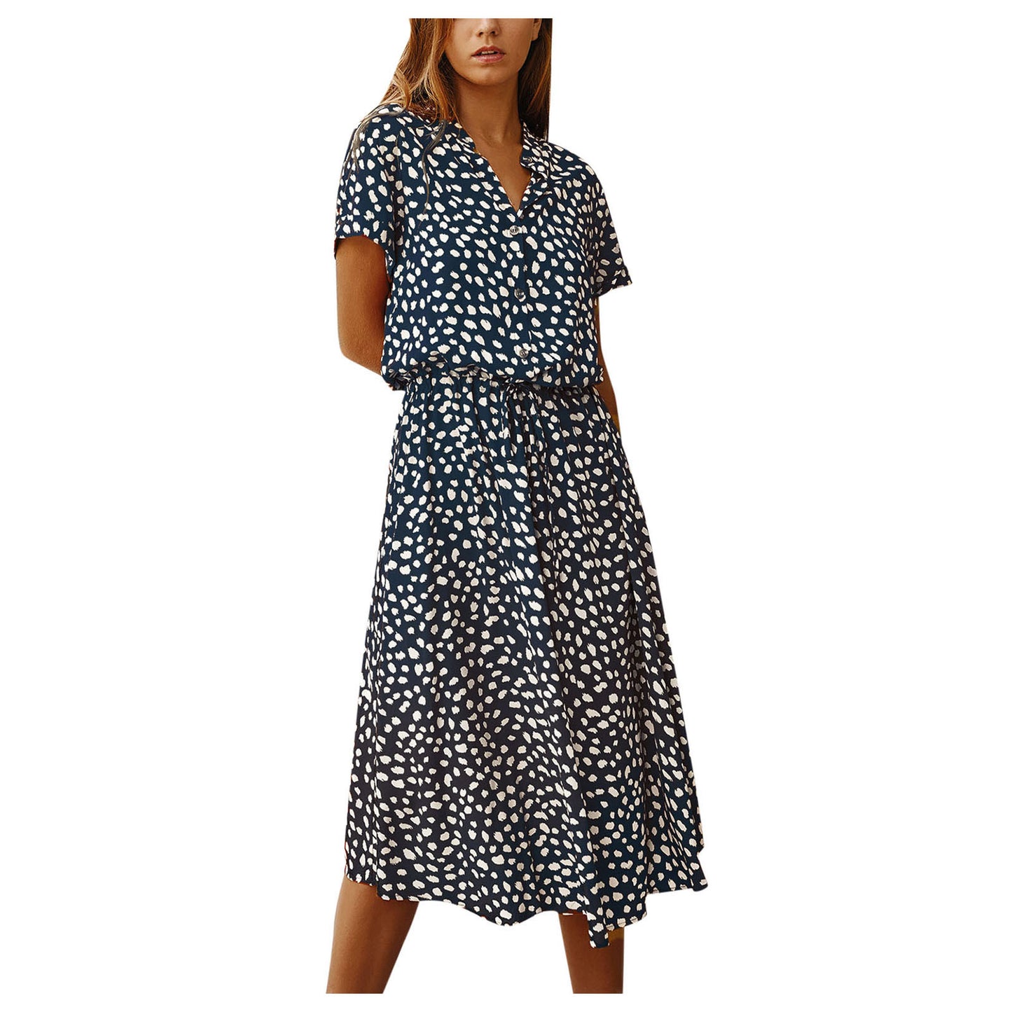 Women's Polka Dot Midi Dress – Slim Fit A-Line Casual Summer Dress with Drawstring Waist
