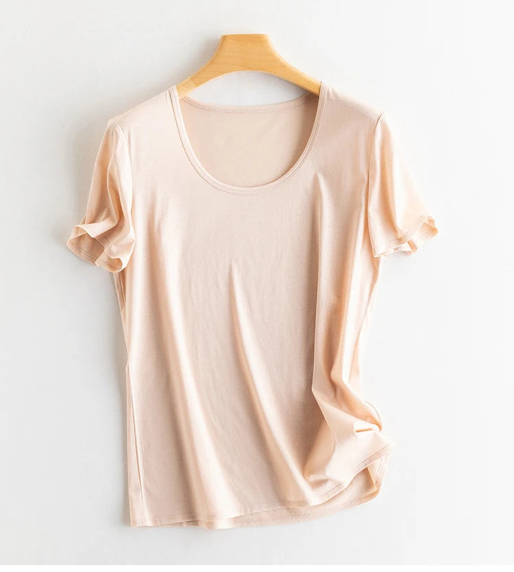 Eesswel Women's V-Neck Silk-Blend T-Shirt | Soft Breathable Summer Tee | Casual Short Sleeve Solid Top – Multiple Colors