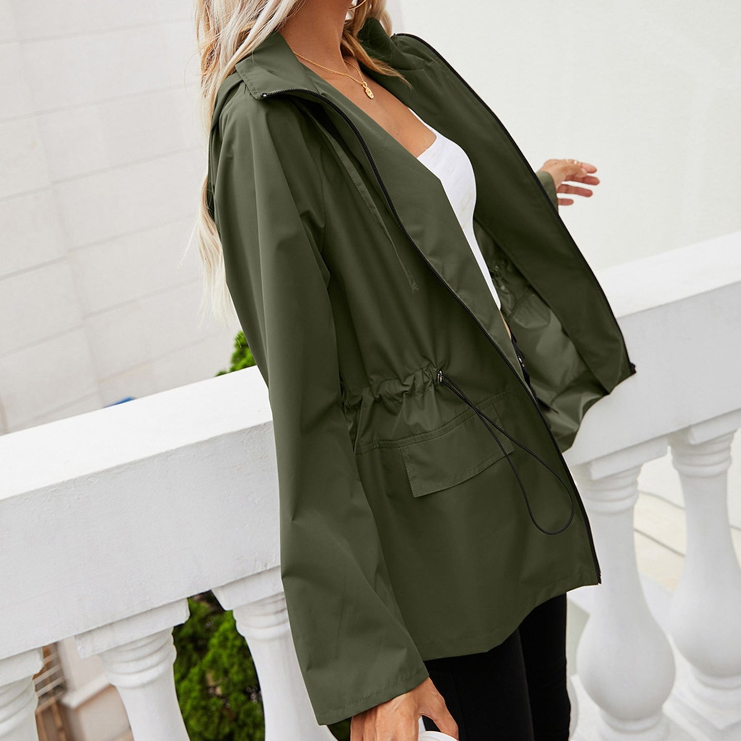Women's Asymmetric Hooded Windproof Jacket — Plus Size Streetwear Zip-Up Coat with Flare Sleeves