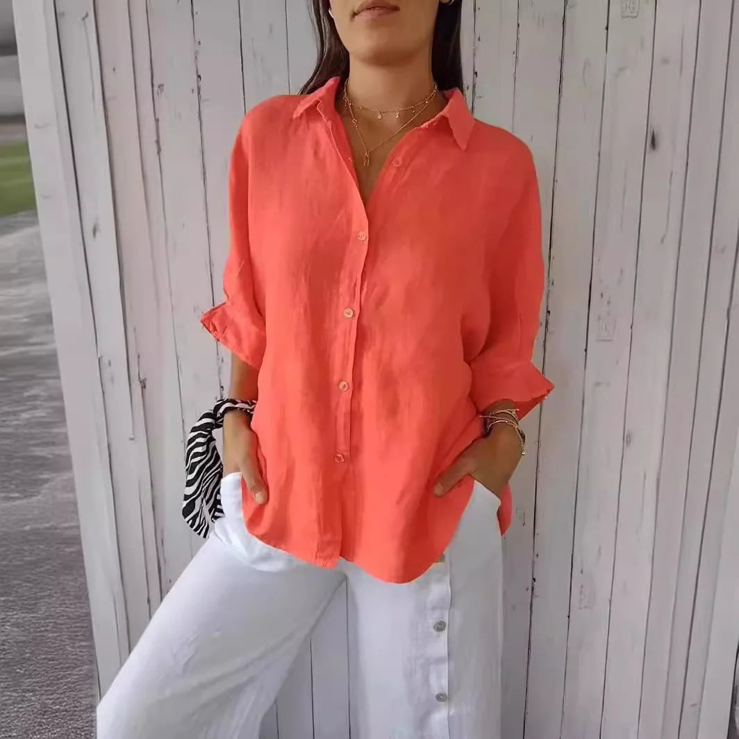 Women's Cotton Linen Button-Up Shirt - Casual Loose Fit Blouse for Summer