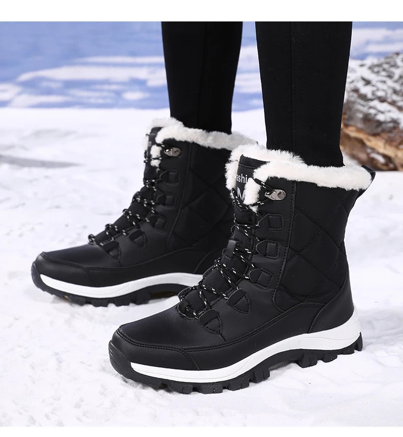 Women's Plush-Lined Waterproof Snow Boots - High-Top Winter Hiking Ankle Boots