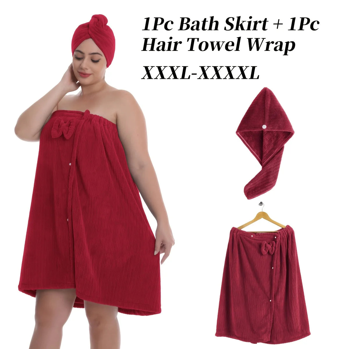 Women's Striped Bath Wrap & Hair Cap Set - Plus Size 2-Piece Luxury Robe, XXXL-XXXXL Adjustable Woven Towel