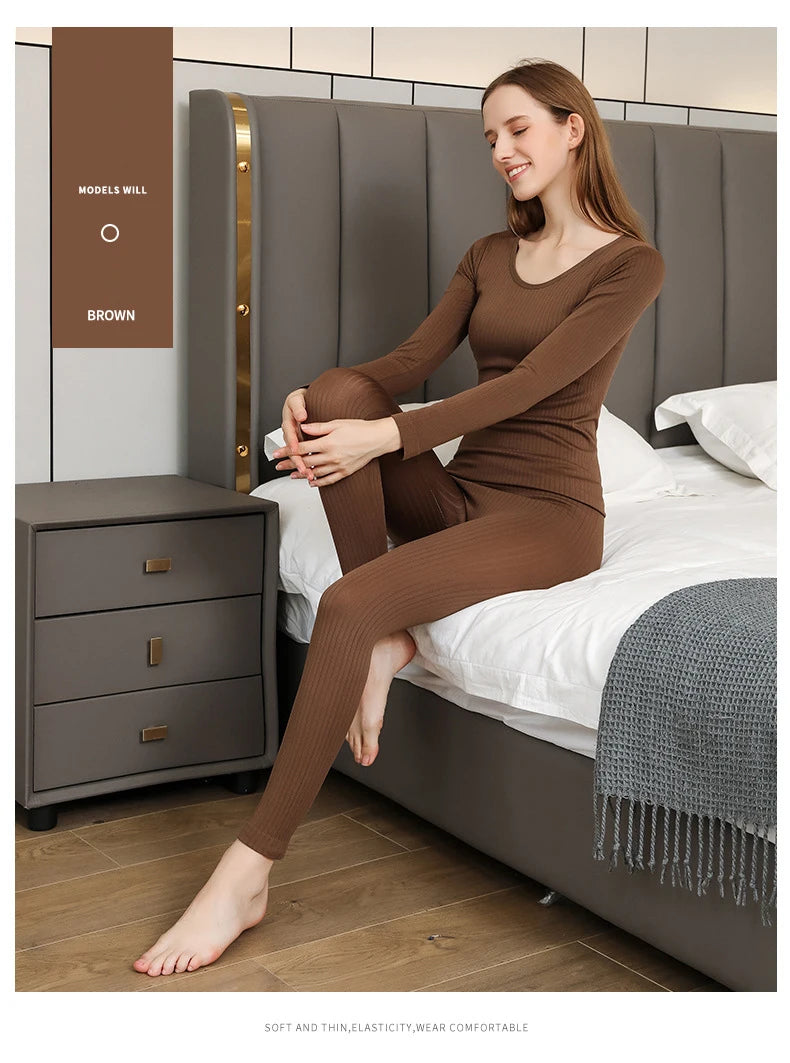 Women's Cozy Chic: Sexy Thermal Long Johns Set Featuring Shaping & Middle Collar
