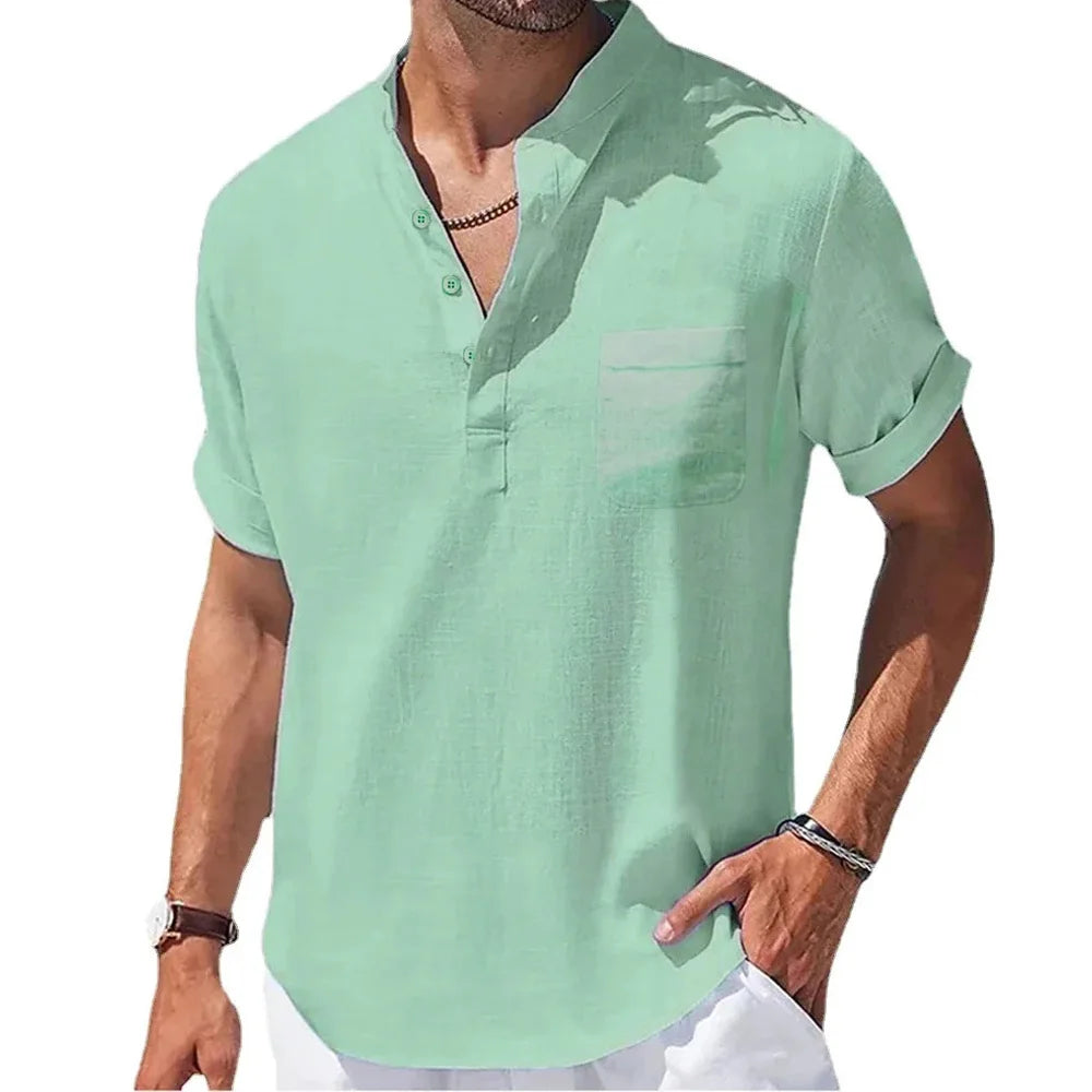 Men's Casual Henley Collar Shirt | Short Sleeve Cotton Linen Summer Top – FURCW