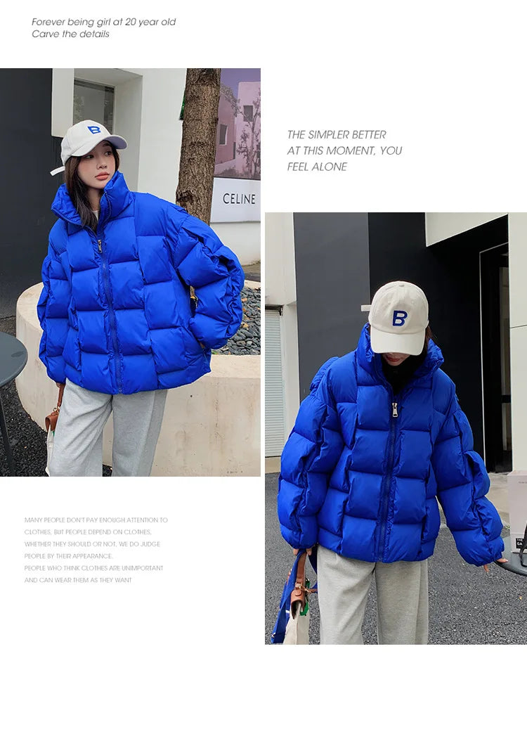 Women's Oversized Puffer Jacket - Warm Cotton Filled Winter Coat with Stand Collar