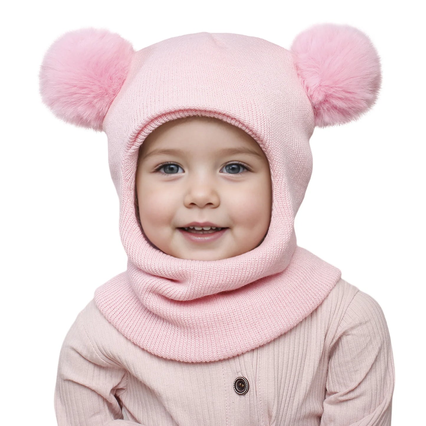 Unisex Adorable Kids Pom Pom Winter Hood - Knitted Hat & Scarf Combo | Cotton Ear-Protecting Balaclava