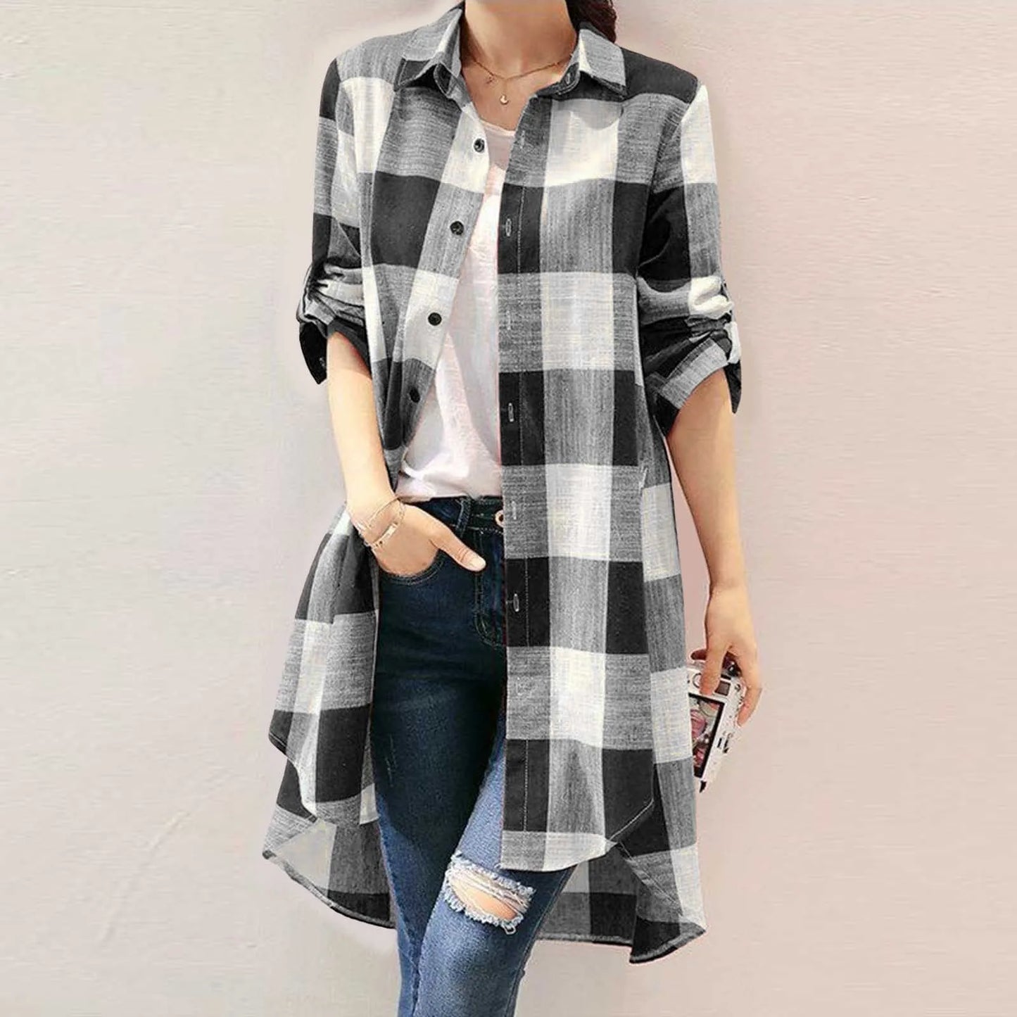 Women's Plaid Longline Shirt — Button-Down Long Sleeve Oversized Tunic Top | 3 Colors