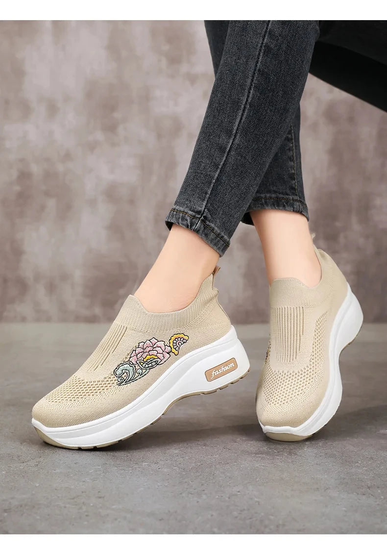 Women's Floral Embroidered Platform Slip-On Sneakers – Lightweight Mesh Walking Shoes with Cushioned Sole