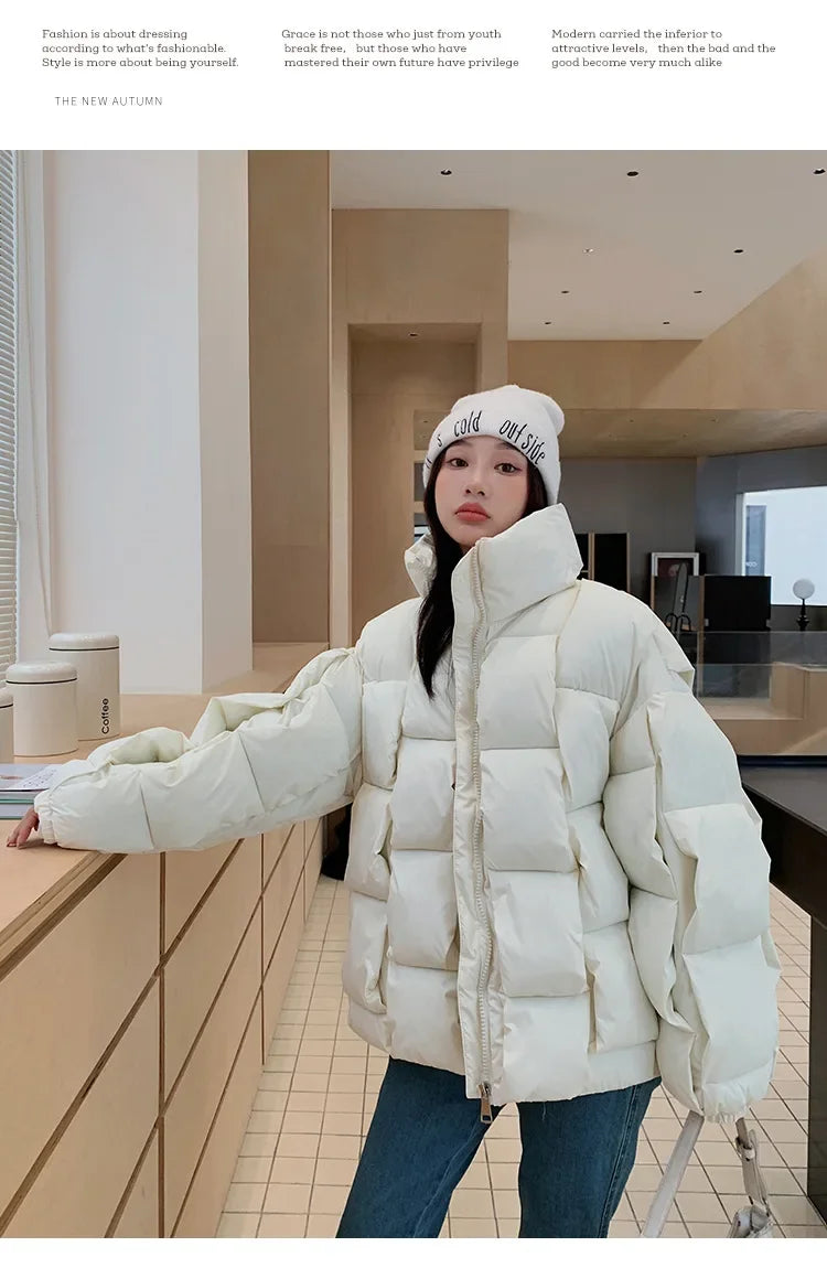 Women's Oversized Puffer Jacket - Warm Cotton Filled Winter Coat with Stand Collar