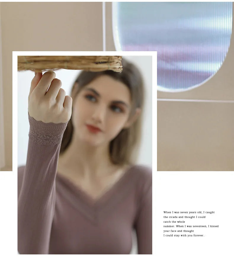 Women's Winter Lace Thermal Underwear Set: Long Sleeve V-Neck Blouse & Slim Fit Pants for Cozy Autumn Style.