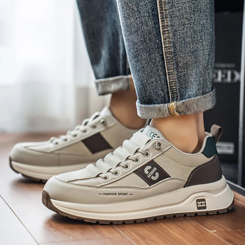 Men's Bonded Leather Lace-Up Casual Sneakers – Breathable Comfort, Non-Slip Rubber Outsole | Fashion Running Style | Black, Beige & Grey | Spring/Autumn