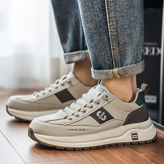 Men's Bonded Leather Lace-Up Casual Sneakers – Breathable Comfort, Non-Slip Rubber Outsole | Fashion Running Style | Black, Beige & Grey | Spring/Autumn
