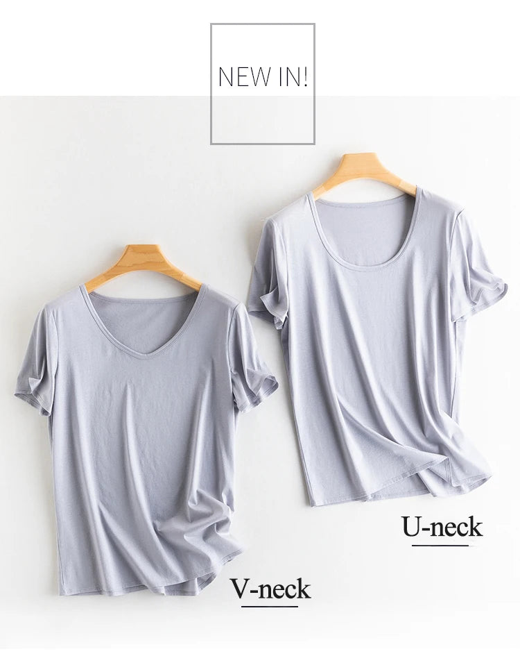 Eesswel Women's V-Neck Silk-Blend T-Shirt | Soft Breathable Summer Tee | Casual Short Sleeve Solid Top – Multiple Colors