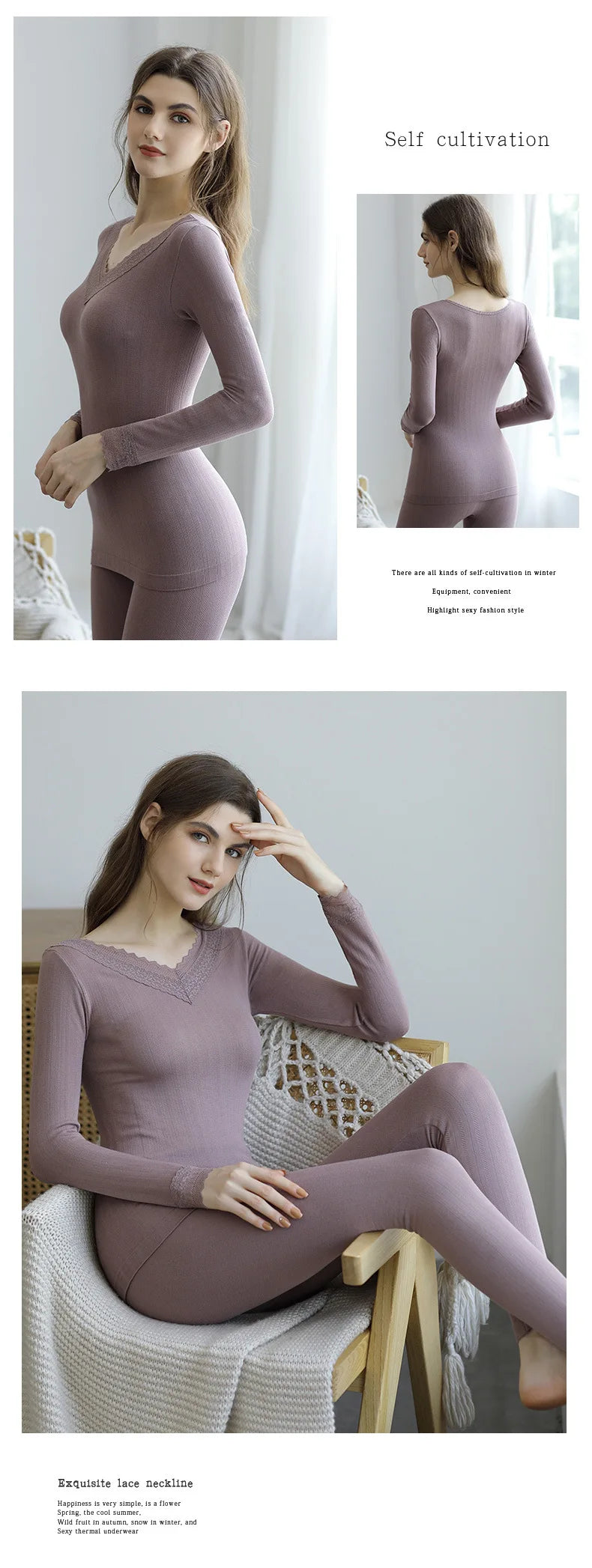 Women's Winter Lace Thermal Underwear Set: Long Sleeve V-Neck Blouse & Slim Fit Pants for Cozy Autumn Style.