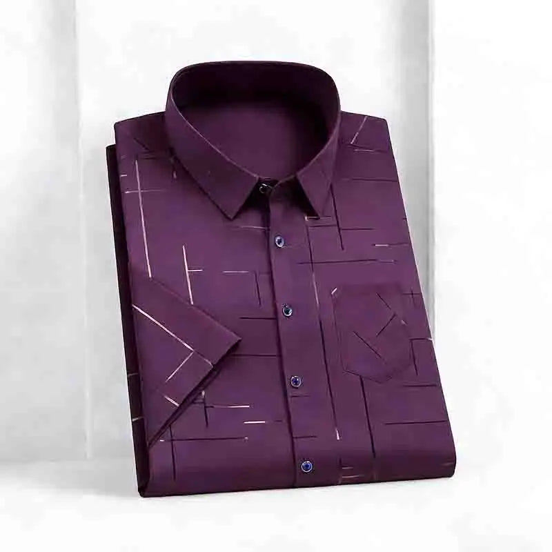 Men's 2026 Geometric Line Print Shirt Short Sleeve with Chest Pocket | 100% Cotton Button-Up Business Casual Daily Office Fashion Top.