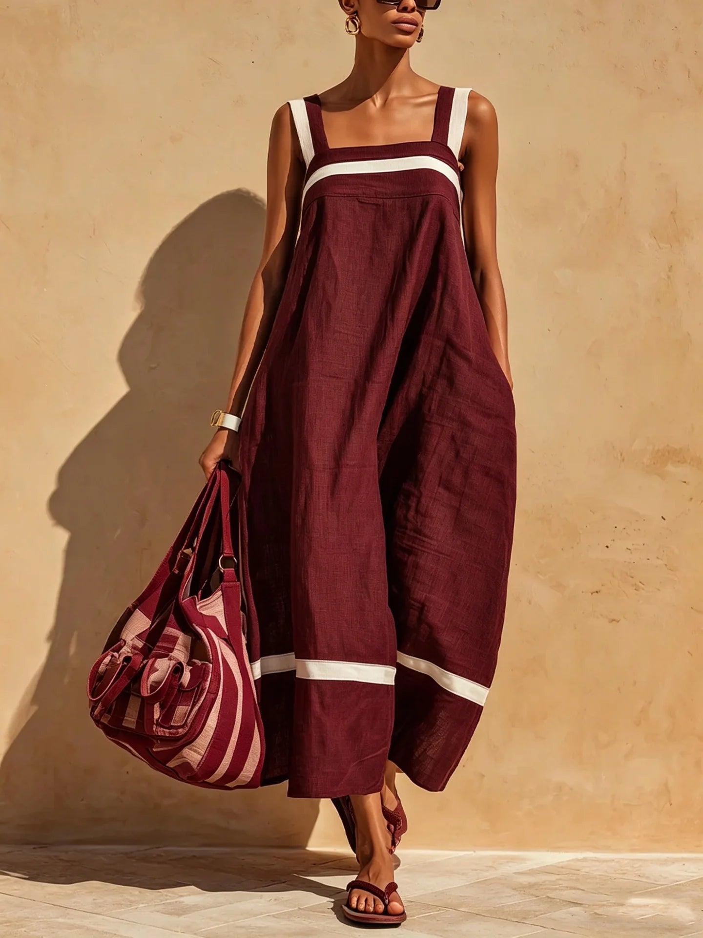 Women's Loose Suspender Dress with Pockets | Solid A-Line Midi Dress | Casual Summer Sleeveless Square Neck Sundress