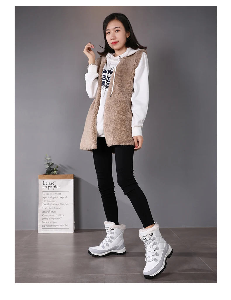 Women's Plush-Lined Waterproof Snow Boots - High-Top Winter Hiking Ankle Boots