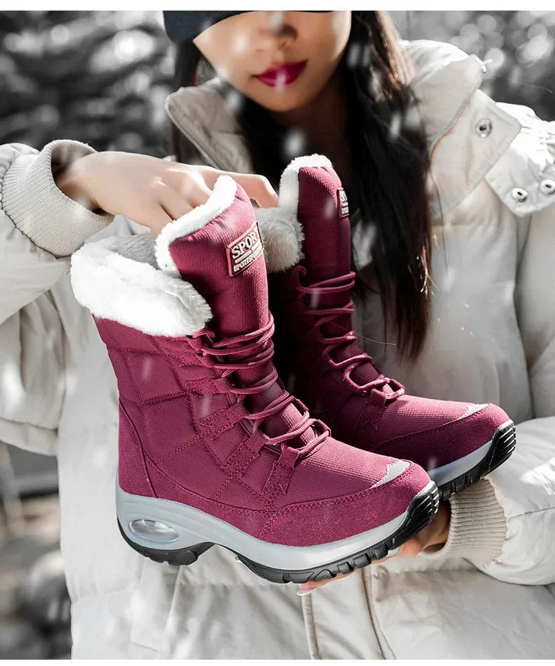 Women's Plush-Lined Waterproof Snow Boots - Platform Winter Hiking Ankle Boots