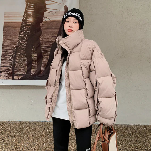 Women's Oversized Puffer Jacket - Warm Cotton Filled Winter Coat with Stand Collar