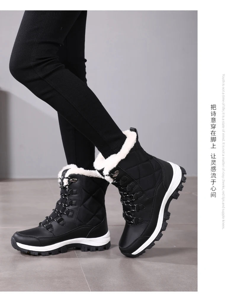Women's Plush-Lined Waterproof Snow Boots - High-Top Winter Hiking Ankle Boots