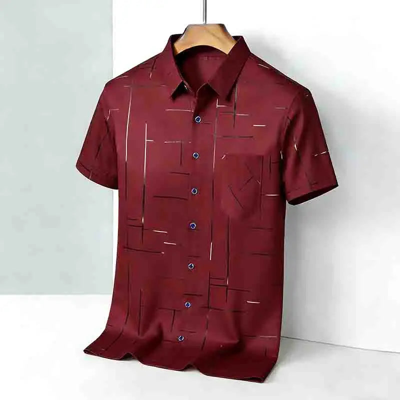 Men's 2026 Geometric Line Print Shirt Short Sleeve with Chest Pocket | 100% Cotton Button-Up Business Casual Daily Office Fashion Top.