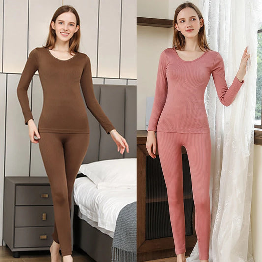 Women's Cozy Chic: Sexy Thermal Long Johns Set Featuring Shaping & Middle Collar
