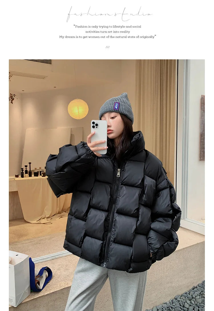 Women's Oversized Puffer Jacket - Warm Cotton Filled Winter Coat with Stand Collar