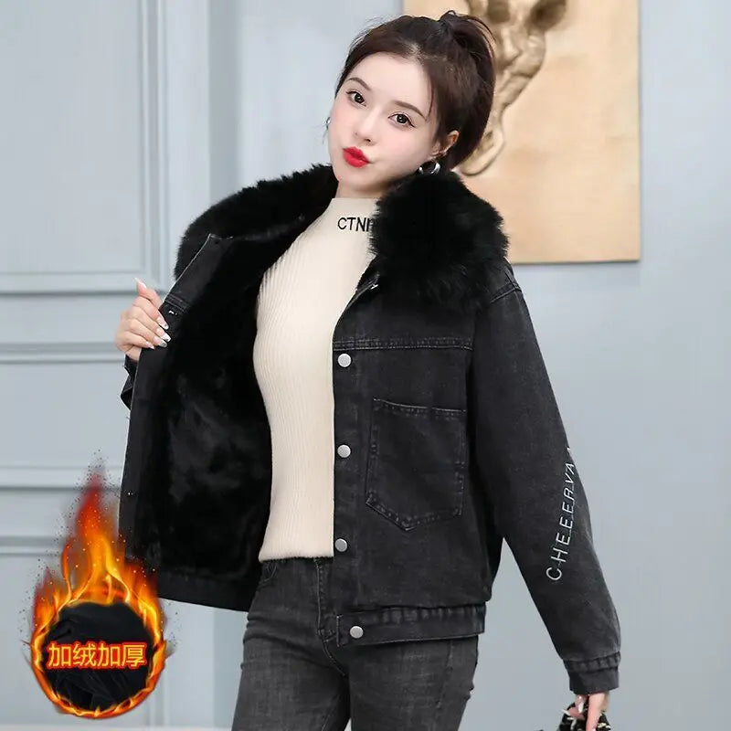 Women's 2024 Designer Winter Denim Jacket-Stylish, Warm, High-Quality Cowgirl Coat in Polyester, Cotton and Acrylic.