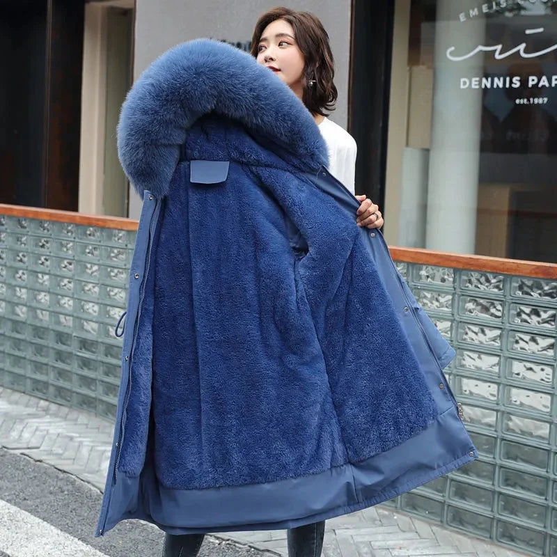 Women's Luxe Winter Parka: Thick Padded Coat with Wool Liner & Fur-Trimmed Hood-Stylish Snow Wear in Cotton-Polyester Blend.