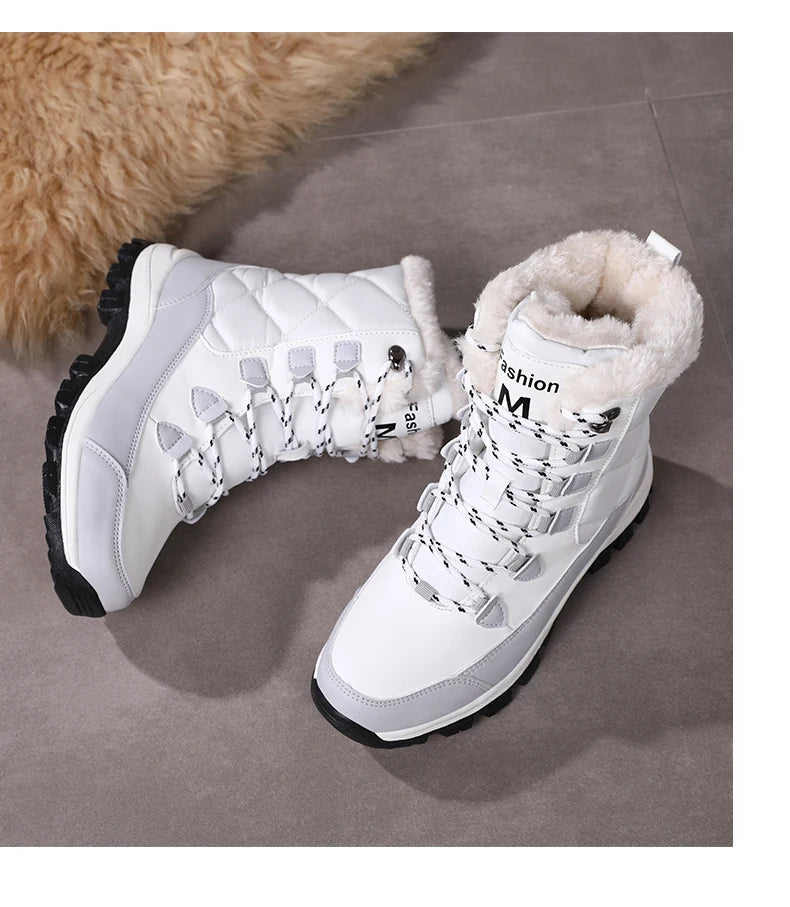 Women's Plush-Lined Waterproof Snow Boots - High-Top Winter Hiking Ankle Boots