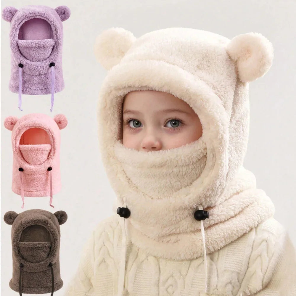 Unisex Kids Cute Bear Ear Winter Hood - All-in-One Face Cover & Scarf | Polyester Warm Balaclava Ages 2-8
