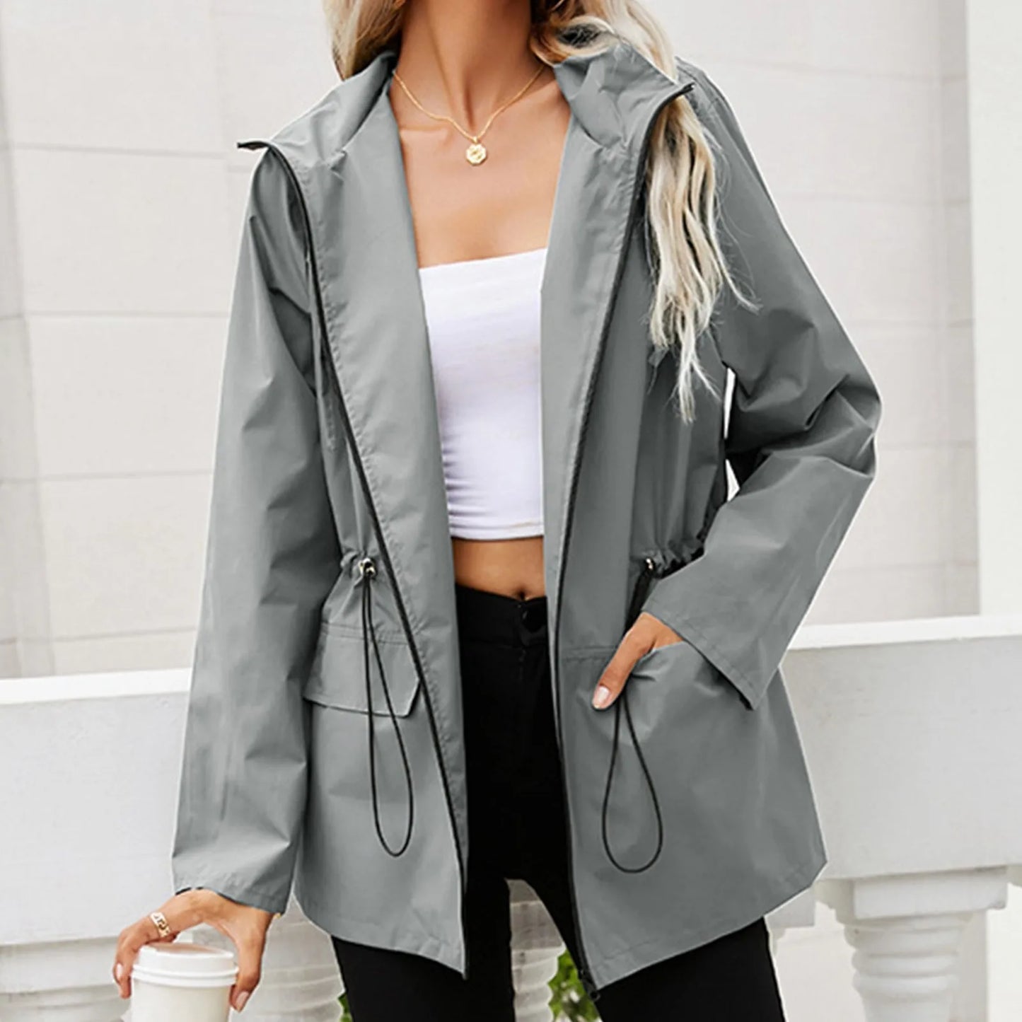 Women's Asymmetric Hooded Windproof Jacket — Plus Size Streetwear Zip-Up Coat with Flare Sleeves