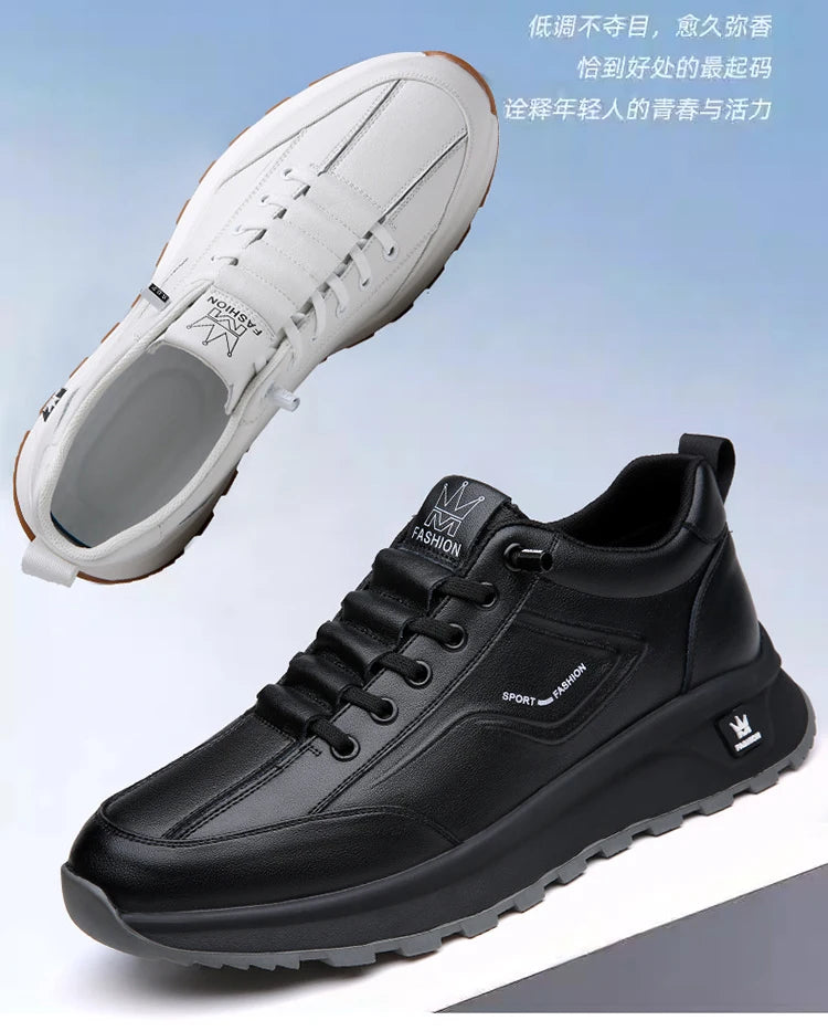 Men's Doefhom Genuine Cow Leather Sneakers — Lace-Up Casual Sport Shoes | Waterproof Outdoor Street Style Trainers for Spring & Autumn