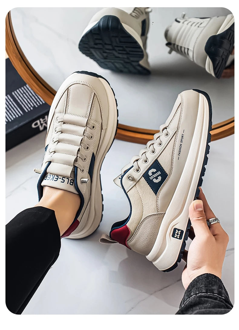 Men's Bonded Leather Lace-Up Casual Sneakers – Breathable Comfort, Non-Slip Rubber Outsole | Fashion Running Style | Black, Beige & Grey | Spring/Autumn