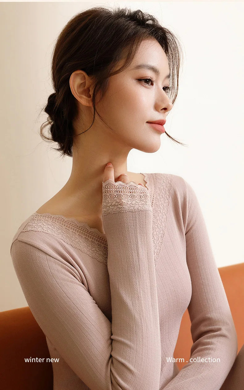 Women's Winter Lace Thermal Underwear Set: Long Sleeve V-Neck Blouse & Slim Fit Pants for Cozy Autumn Style.