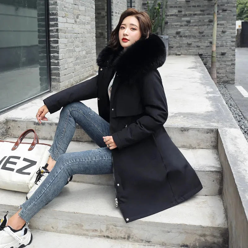 Women's Luxe Winter Parka: Thick Padded Coat with Wool Liner & Fur-Trimmed Hood-Stylish Snow Wear in Cotton-Polyester Blend.