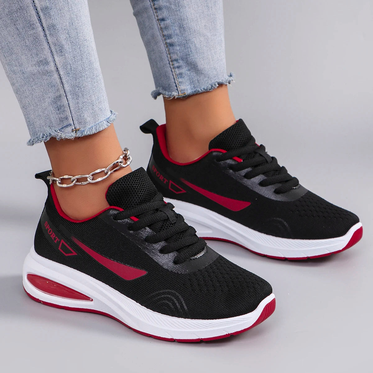 Women's Air Cushion Lace-Up Sneakers – Breathable Mesh Color-Block Running Style Shoes with Rubber Sole