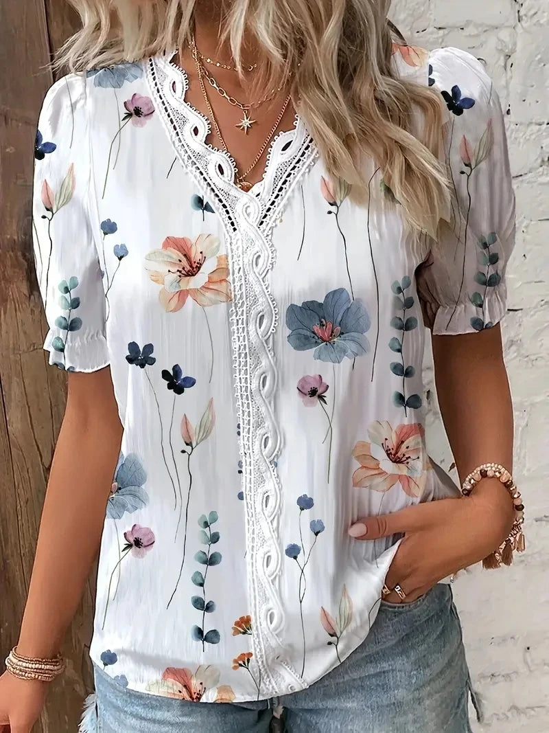 Women's Floral Lace V-Neck Blouse | Short Sleeve Summer Top