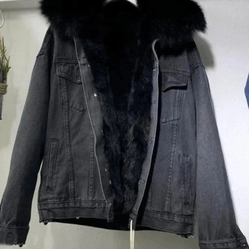 Women's Chic Winter Denim Jacket: Fleece-Lined with Big Fur Collar & Motorcycle Style