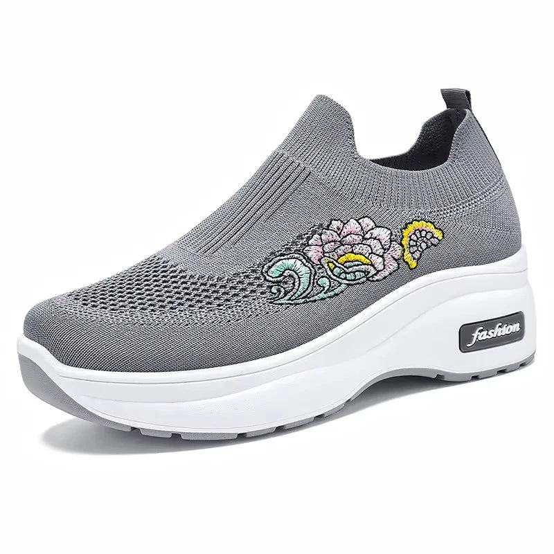 Women's Floral Embroidered Platform Slip-On Sneakers – Lightweight Mesh Walking Shoes with Cushioned Sole