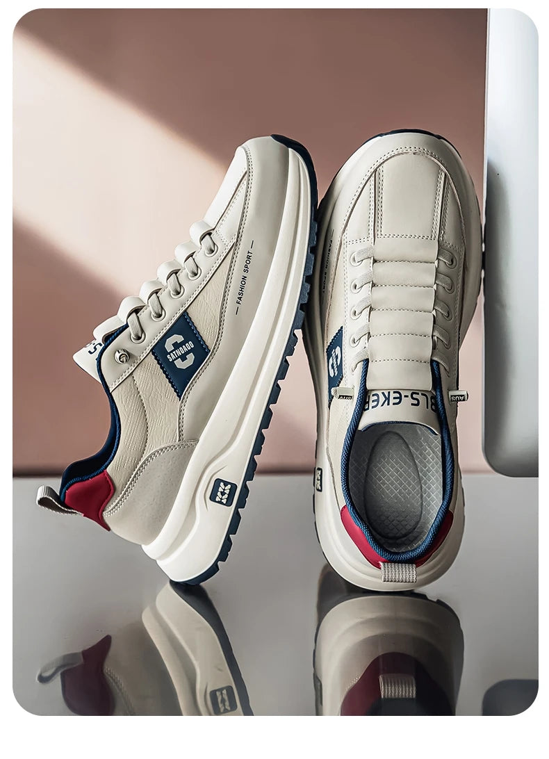 Men's Bonded Leather Lace-Up Casual Sneakers – Breathable Comfort, Non-Slip Rubber Outsole | Fashion Running Style | Black, Beige & Grey | Spring/Autumn