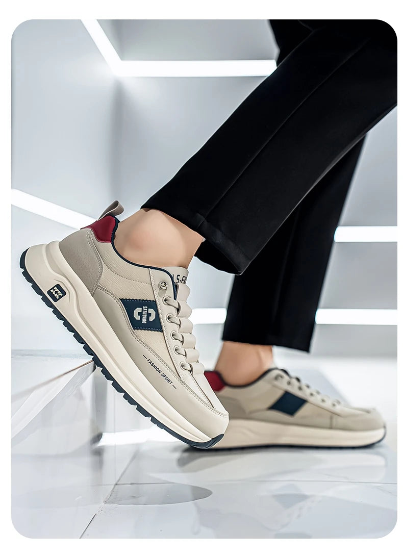 Men's Bonded Leather Lace-Up Casual Sneakers – Breathable Comfort, Non-Slip Rubber Outsole | Fashion Running Style | Black, Beige & Grey | Spring/Autumn