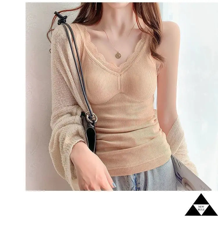 Women's Sleek & Stylish Thermal Lace Vest with Padded Bra for Winter Warmth.
