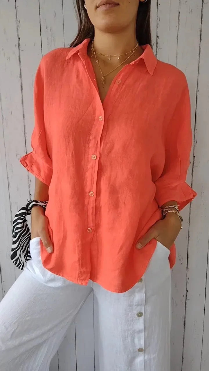 Women's Cotton Linen Button-Up Shirt - Casual Loose Fit Blouse for Summer