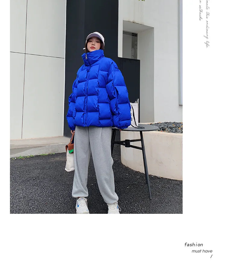 Women's Oversized Puffer Jacket - Warm Cotton Filled Winter Coat with Stand Collar