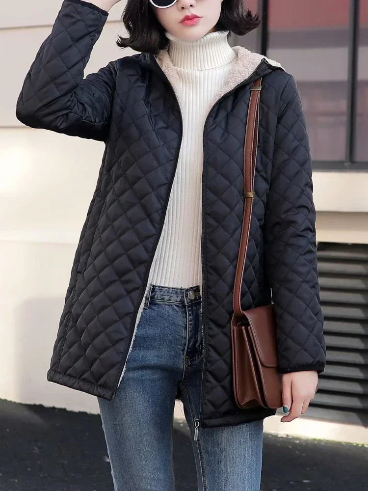 Women's Oversized Winter Jacket - Lamb Down Lined Hooded Parka with Cashmere Blend.